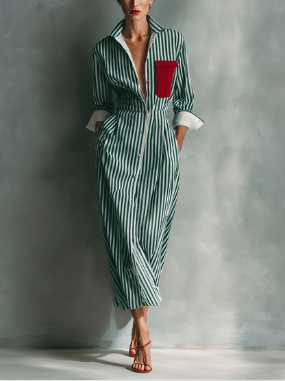 Women's Blue And White Cotton Striped Shirt Dress With Red Chest Pocket