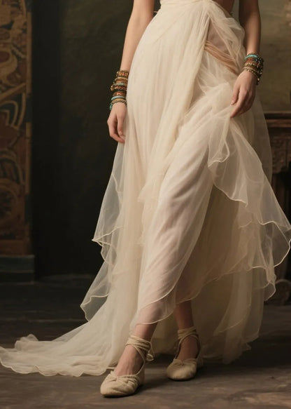 Women White V Neck Exra Large Hem Tulle Robe Dresses Summer