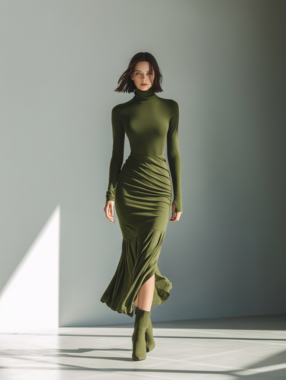 Women's Army Green Stretch Knit High Neck Pleated Slim Fit Maxi Dress