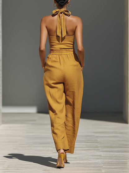 Women's Mustard Yellow Linen-Blend Jumpsuit With Crisscross Neckline & Relaxed Trousers