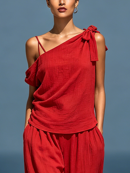 Women’s RedTwo-Piece Set: Asymmetrical One-Shoulder Top (Without Neck Scarf) & Wide-Leg Pants With Pockets