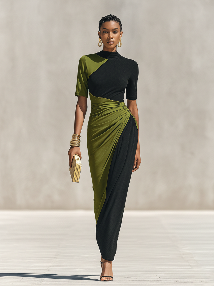 Women's Black & Olive Green Color-Block Jersey Maxi Dress With High Neck & Waist Ruched Detail, Elegant Bodycon Evening Dress