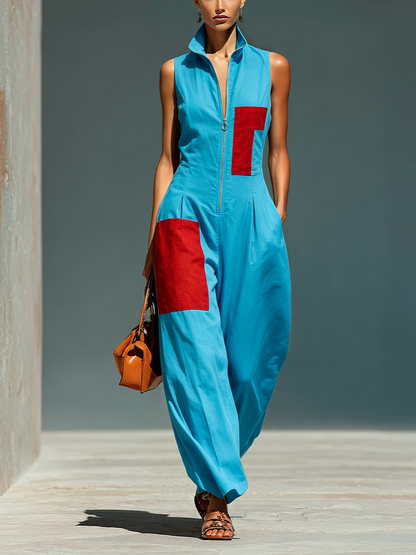 Women’s Blue Linen-Blend Sleeveless Jumpsuit With Red Patch Pockets & Half-Zip Stand Collar