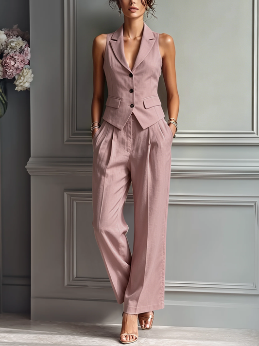 Women's Blush Pink Linen Fabric Sleeveless Vest & Wide-Leg Pants Two-Piece Set With Lapel Collar