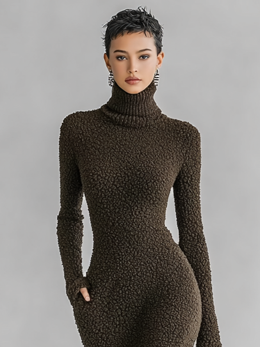 Women's Slim Fit Plush Knitted High Neck Side Slit Midi Dress