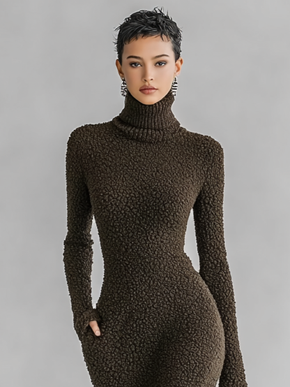 Women's Slim Fit Plush Knitted High Neck Side Slit Midi Dress