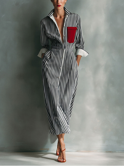 Women's Blue And White Cotton Striped Shirt Dress With Red Chest Pocket