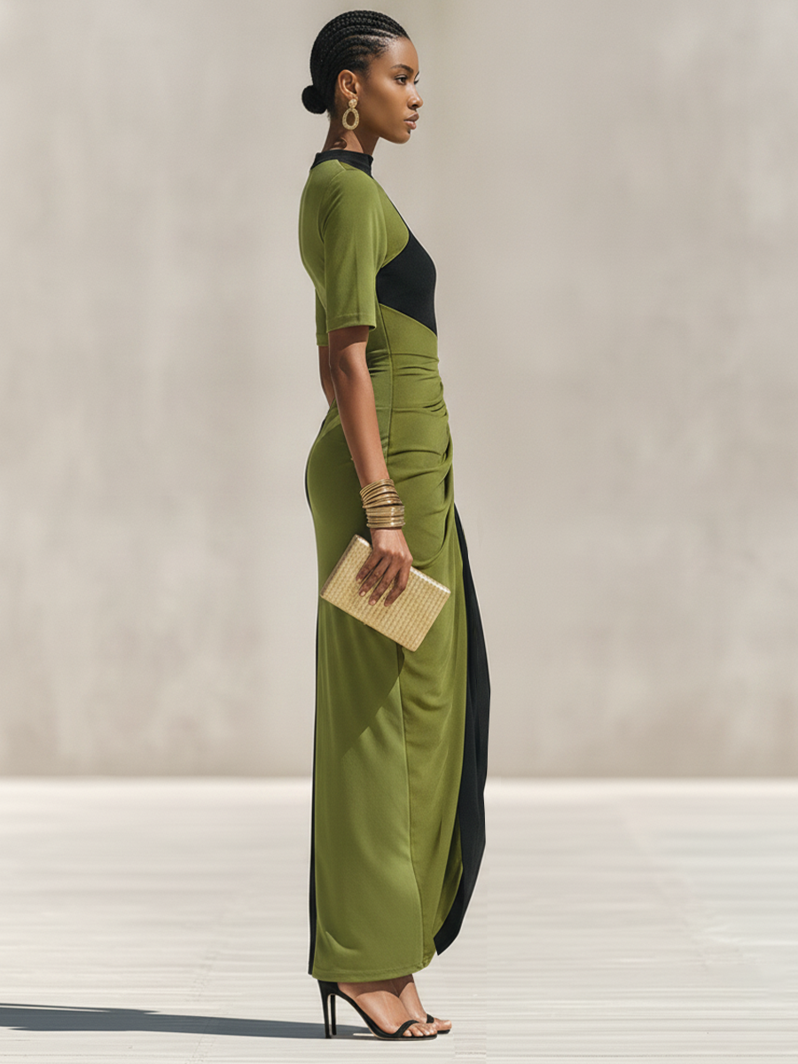 Women's Black & Olive Green Color-Block Jersey Maxi Dress With High Neck & Waist Ruched Detail, Elegant Bodycon Evening Dress