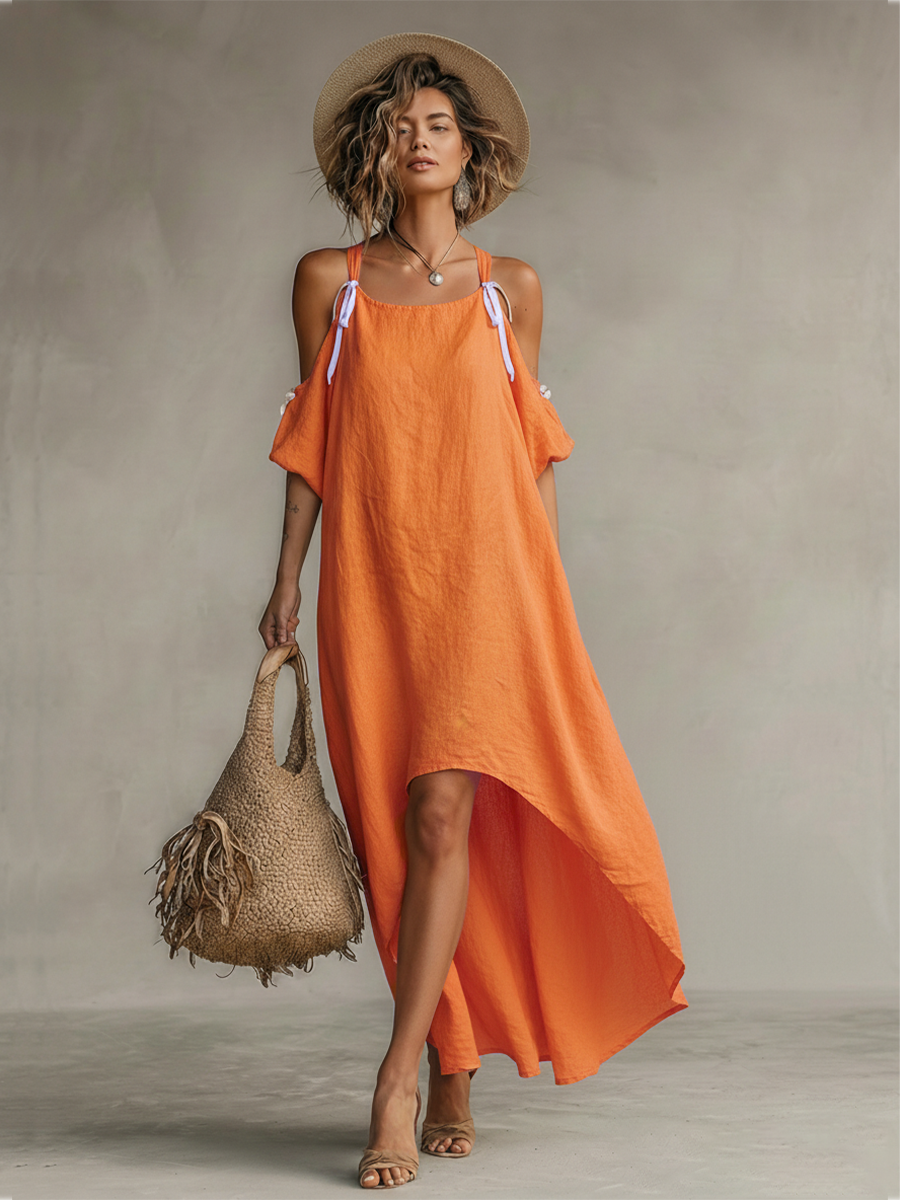 Women's Tangerine Linen Dress With Cold Shoulder & High-Low Hem, Timeless Boho-Resort Style Dress
