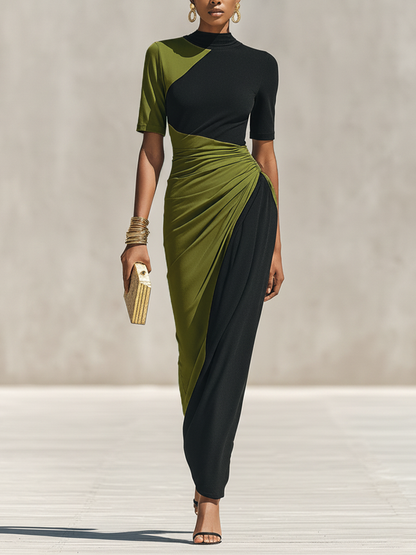 Women's Black & Olive Green Color-Block Jersey Maxi Dress With High Neck & Waist Ruched Detail, Elegant Bodycon Evening Dress