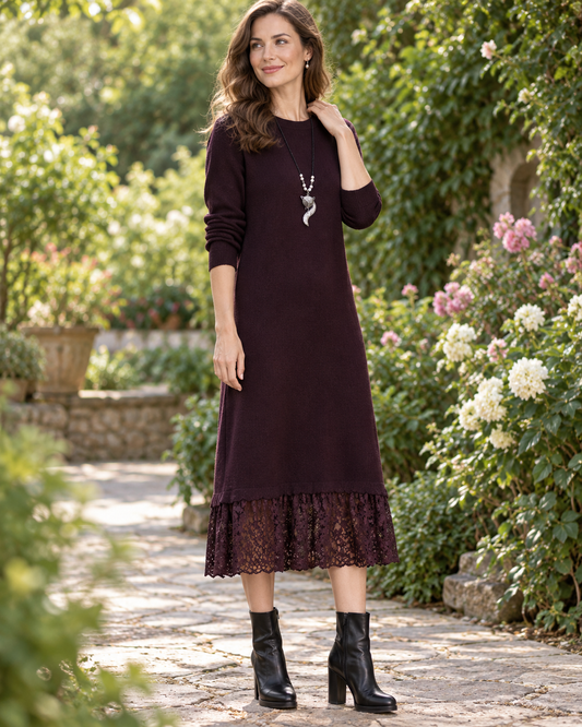 Women's Wool Sweater Dress – Lace Hem Long Sleeve Midi Knit Dress