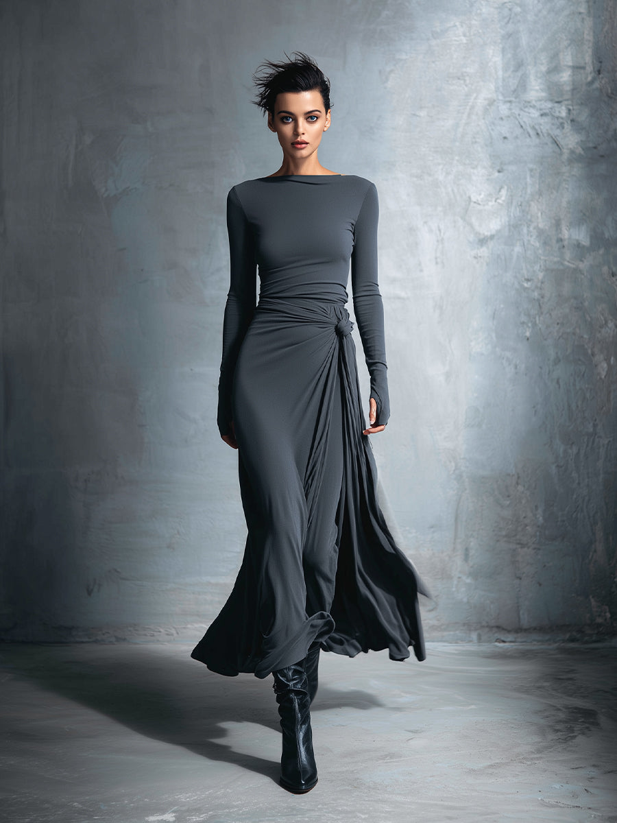 Women's Gray Exquisite Stretch Blended Fabric Wrap Dress - Knotted Maxi Dress