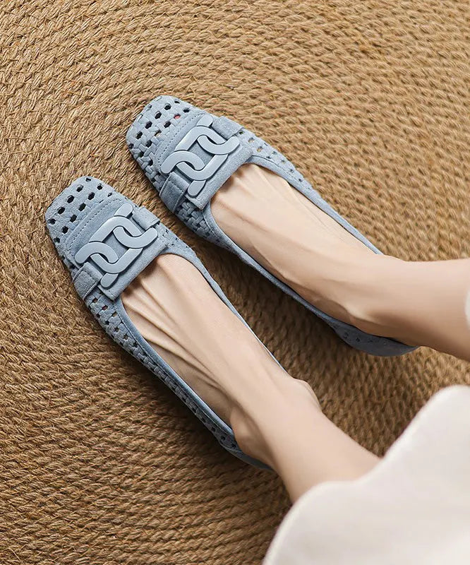 Blue Chunky Heels Suede Elegant Hollow Out Splicing