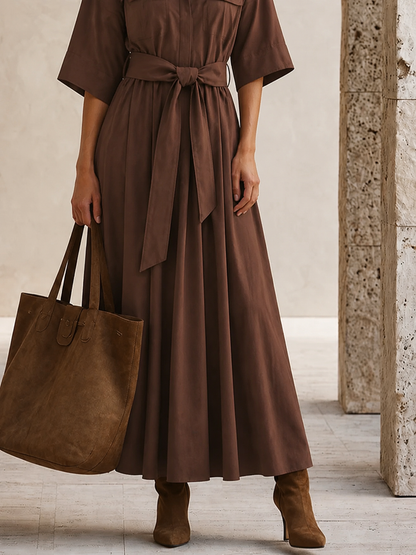 Women's Pocket Design Casual Solid Stand Collar Three Quarter Sleeve Dress