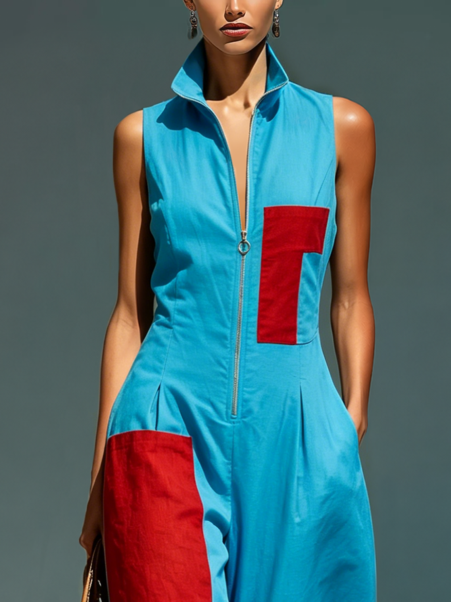 Women’s Blue Linen-Blend Sleeveless Jumpsuit With Red Patch Pockets & Half-Zip Stand Collar