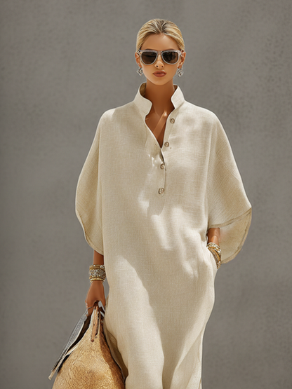 Women's Oatmeal Linen Dress With Mandarin Collar & Dolman Sleeves, Timeless Resort-Casual Style Dress