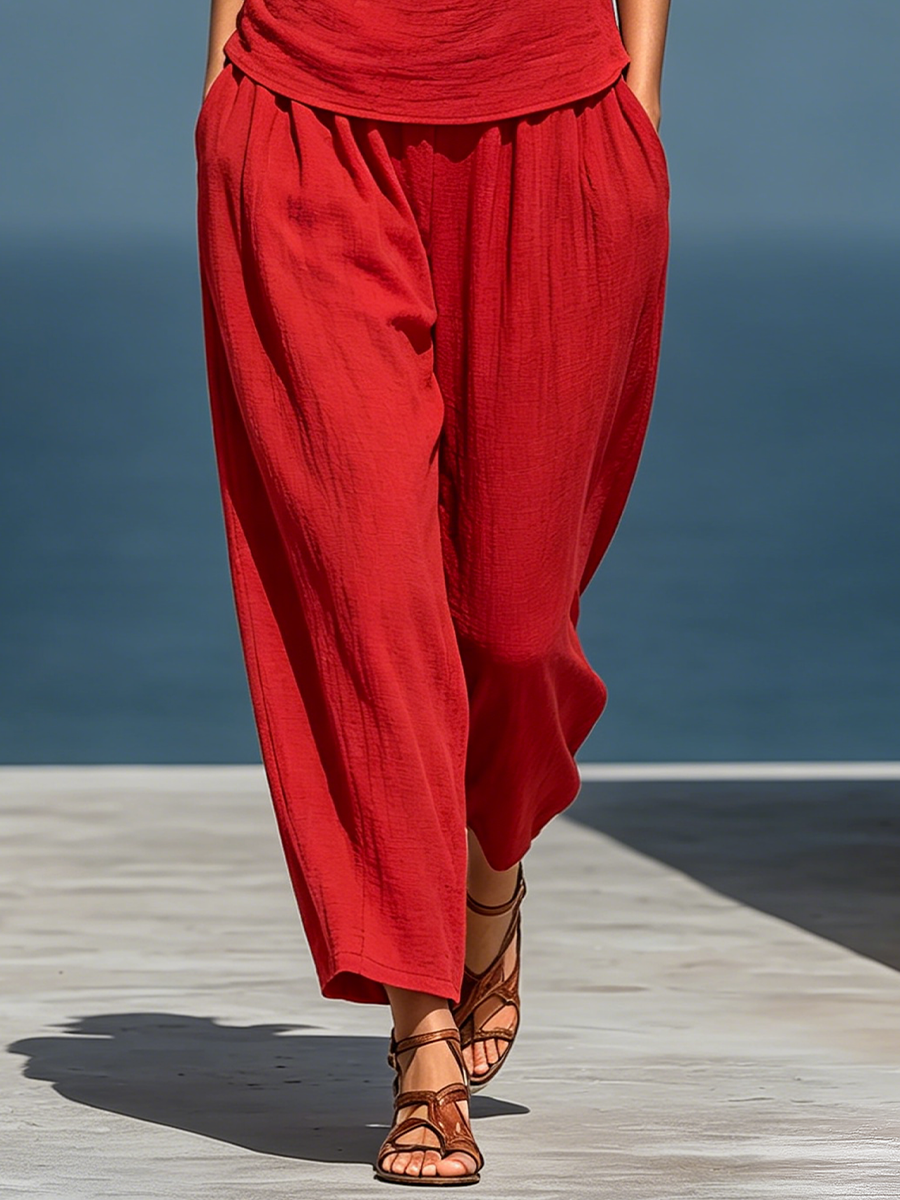 Women’s RedTwo-Piece Set: Asymmetrical One-Shoulder Top (Without Neck Scarf) & Wide-Leg Pants With Pockets