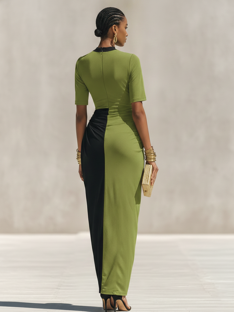 Women's Black & Olive Green Color-Block Jersey Maxi Dress With High Neck & Waist Ruched Detail, Elegant Bodycon Evening Dress