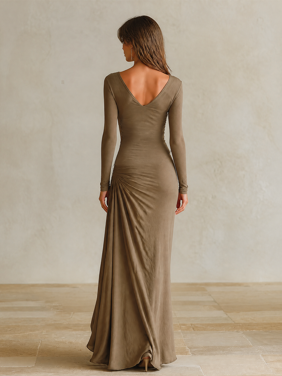 Women's Formal V‑Neck Draped Slim Fit Maxi Dress