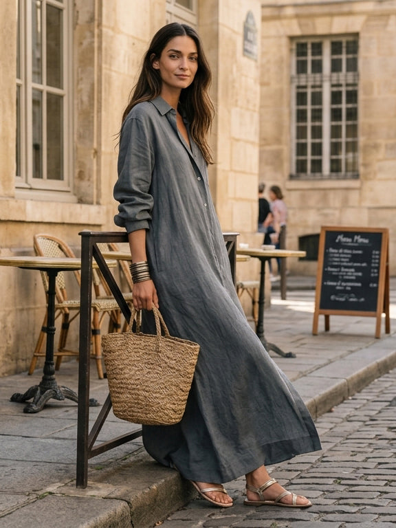 Women's Casual Grey Cotton-linen Long-sleeved Maxi Dress