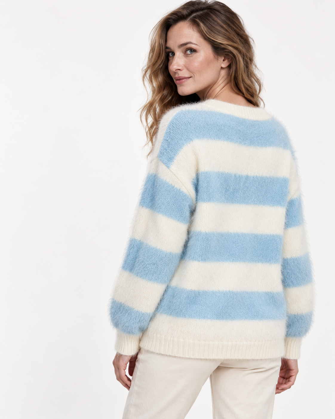 Women's Striped Cardigan – Fuzzy V-Neck Button-Front Knit Sweater