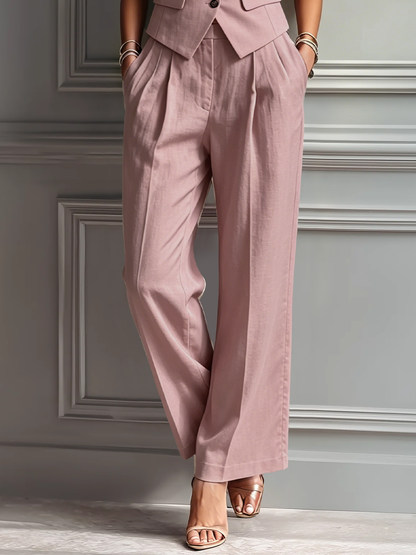 Women's Blush Pink Linen Fabric Sleeveless Vest & Wide-Leg Pants Two-Piece Set With Lapel Collar