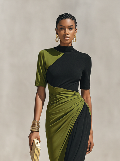 Women's Black & Olive Green Color-Block Jersey Maxi Dress With High Neck & Waist Ruched Detail, Elegant Bodycon Evening Dress