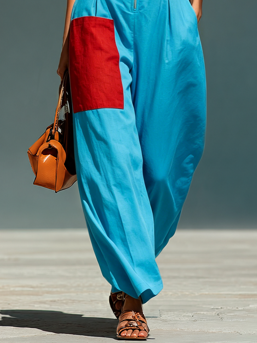 Women’s Blue Linen-Blend Sleeveless Jumpsuit With Red Patch Pockets & Half-Zip Stand Collar