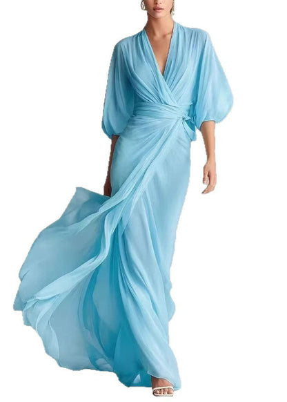 Fine White V Neck Chiffon Maxi Dresses Lantern Sleeve