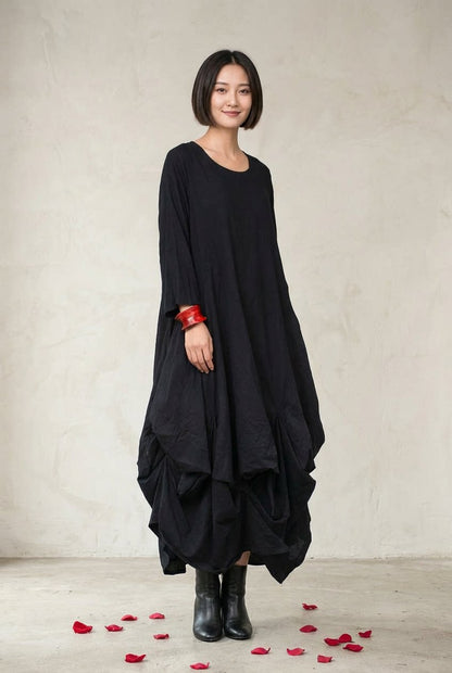 Solid Round Neck Slouchy Asymmetrical Hem Midi Dress