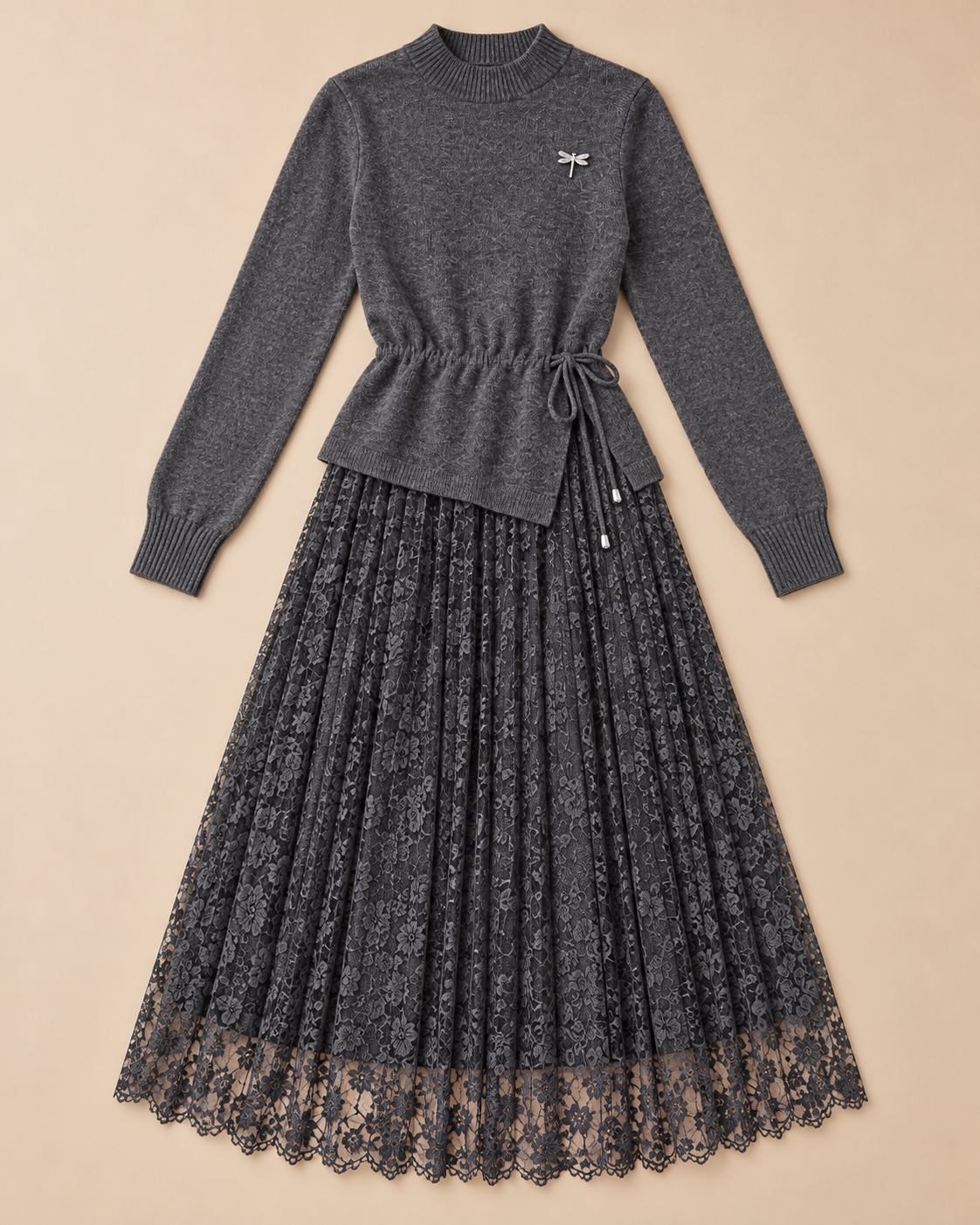 Women's Wool Sweater Dress – Tie-Waist Pleated Lace Midi Dress