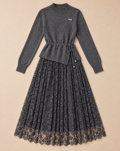 Women's Wool Sweater Dress – Tie-Waist Pleated Lace Midi Dress