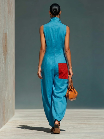 Women’s Blue Linen-Blend Sleeveless Jumpsuit With Red Patch Pockets & Half-Zip Stand Collar