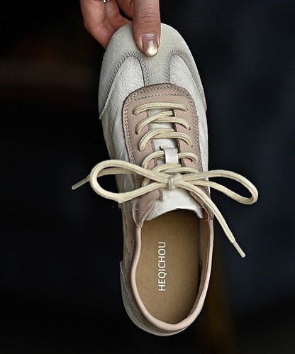 Beige Cowhide Leather Splicing Comfortable Flat Shoes Lace Up