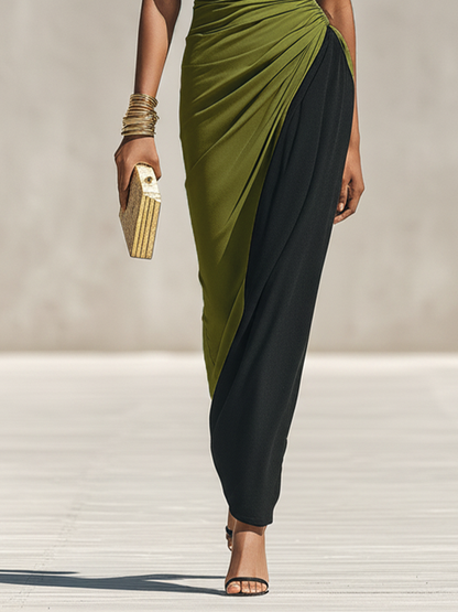 Women's Black & Olive Green Color-Block Jersey Maxi Dress With High Neck & Waist Ruched Detail, Elegant Bodycon Evening Dress