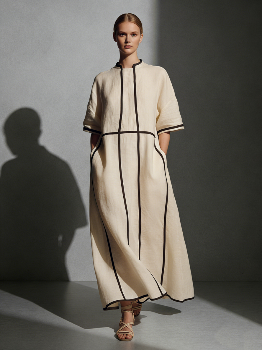 Women's Modern Linen Blend Beige Stand-Collar Half-Sleeve Contrast-Line Pocketed Maxi Dress