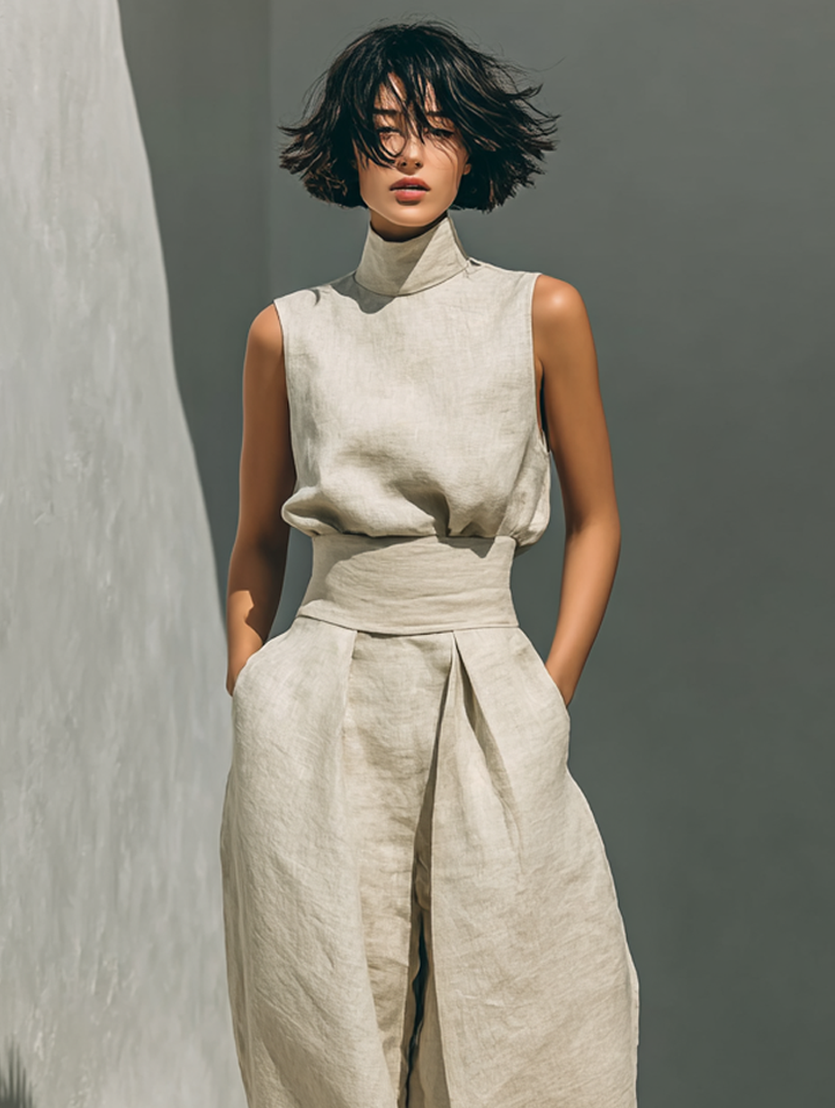 Women's Minimalist Cotton And Linen Blend Sleeveless Blouse And Wide-leg Pants Set
