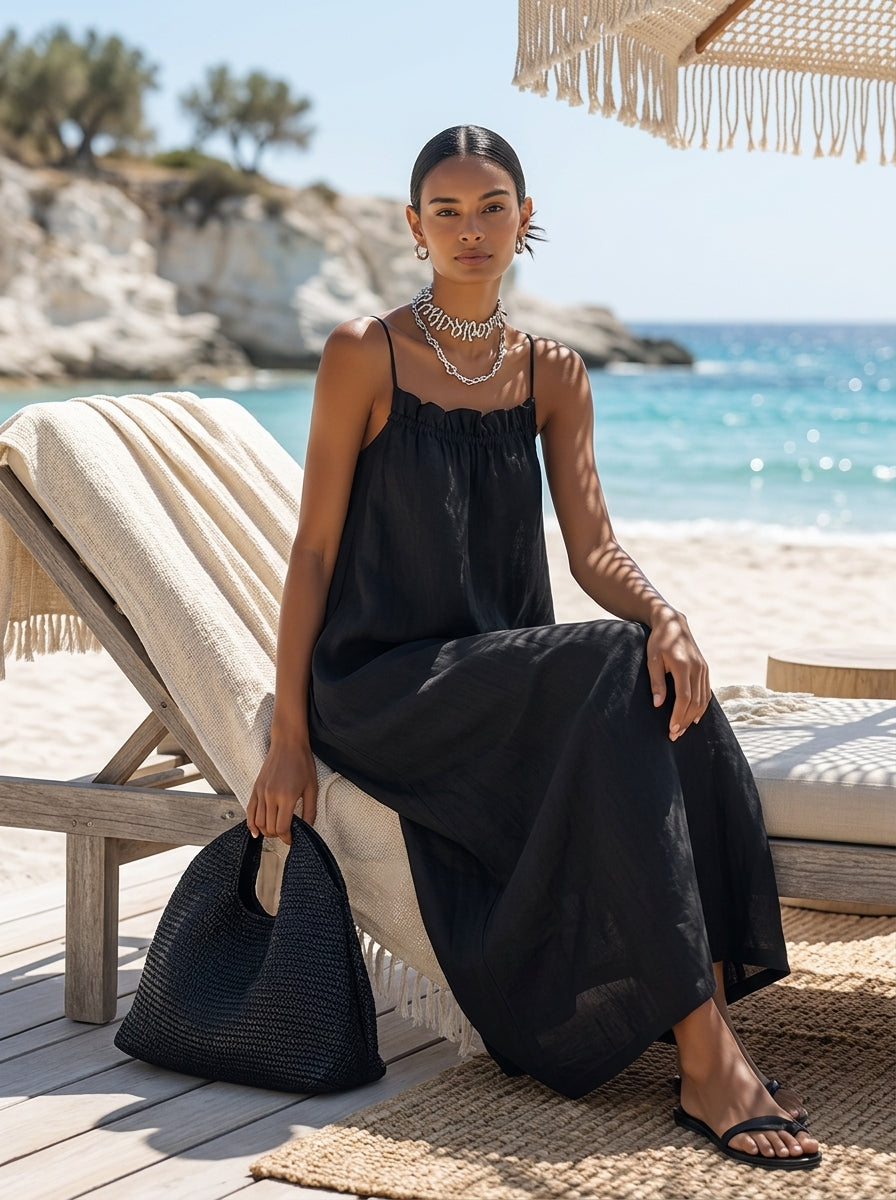 Women's Minimalist Solid Black Ruffle-Neck Maxi Dress With Spaghetti Straps