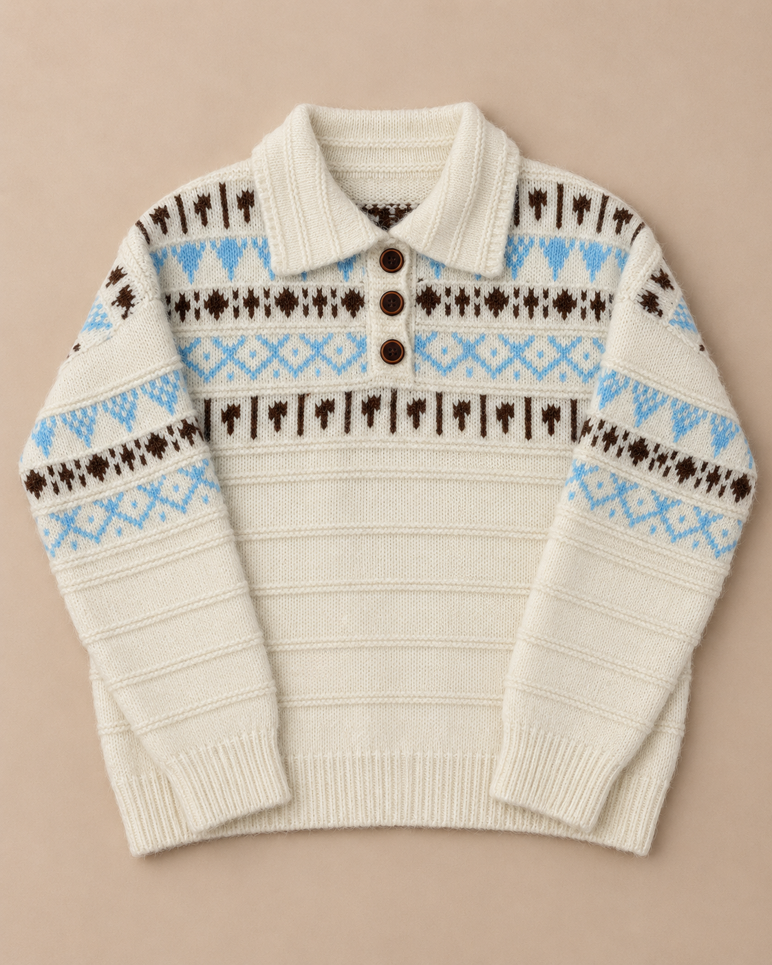 Women's Fair Isle Wool Sweater – Collared Three-Button Knit Pullover