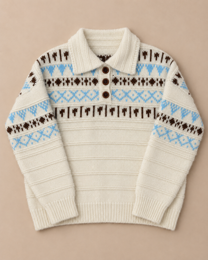 Women's Fair Isle Wool Sweater – Collared Three-Button Knit Pullover