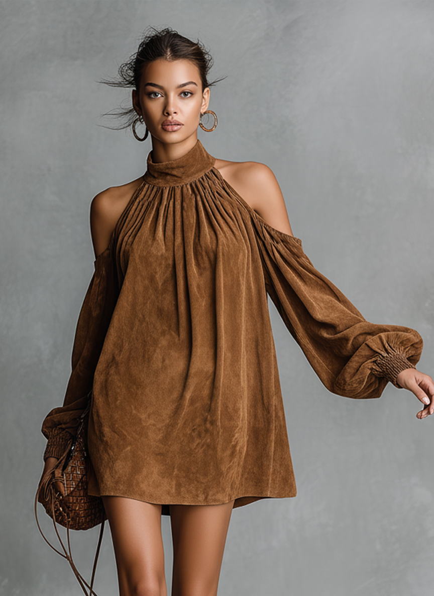 Women's Loose-fitting Faux Suede Halter Neck Semi-high Collar Lantern Sleeve Mini Dress