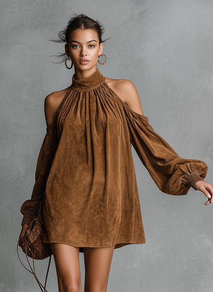 Women's Loose-fitting Faux Suede Halter Neck Semi-high Collar Lantern Sleeve Mini Dress