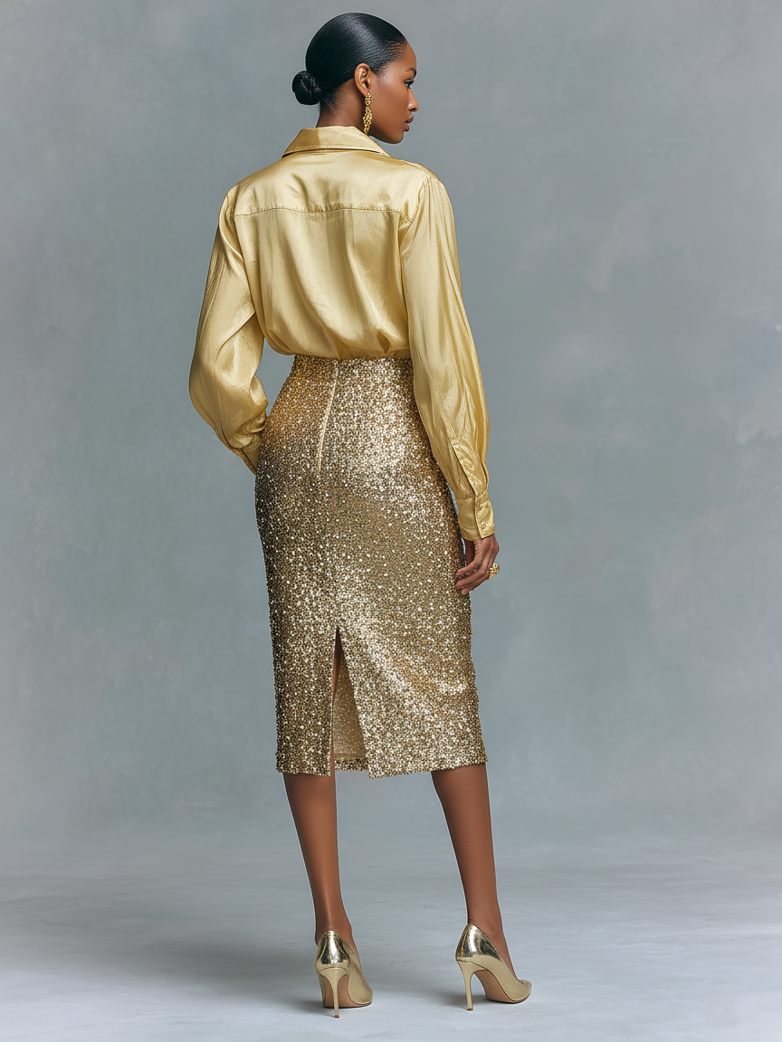 Women's Long-sleeved Shirt And Sequined Pencil Skirt Set