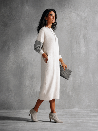 Women's Casual Ivory Gray Knit Cotton Blend Color-Block Pocket Midi Dress