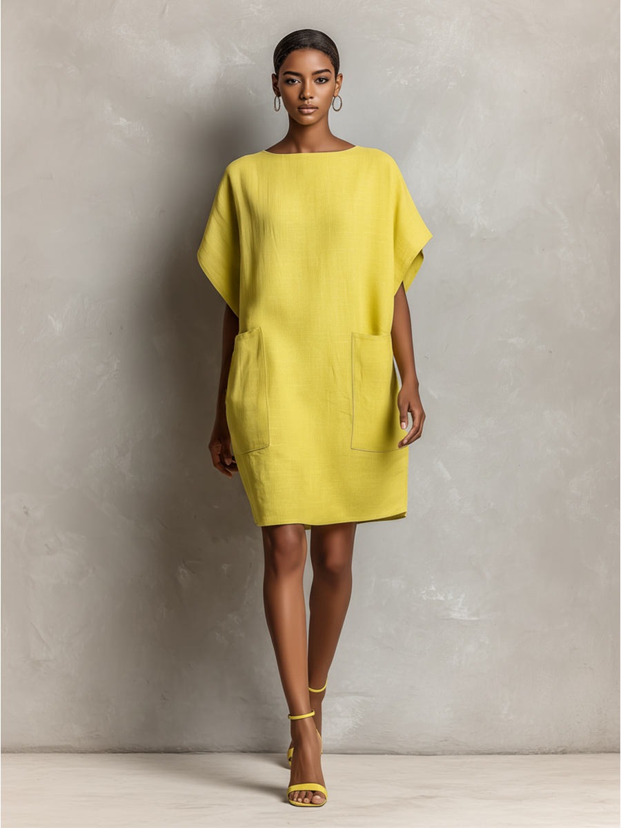 Women’s Lime Yellow Linen-Blend Batwing Sleeve Patch Pocket Shift Dress