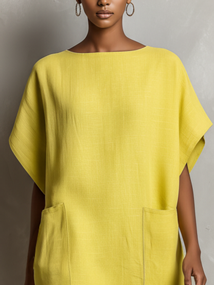 Women’s Lime Yellow Linen-Blend Batwing Sleeve Patch Pocket Shift Dress