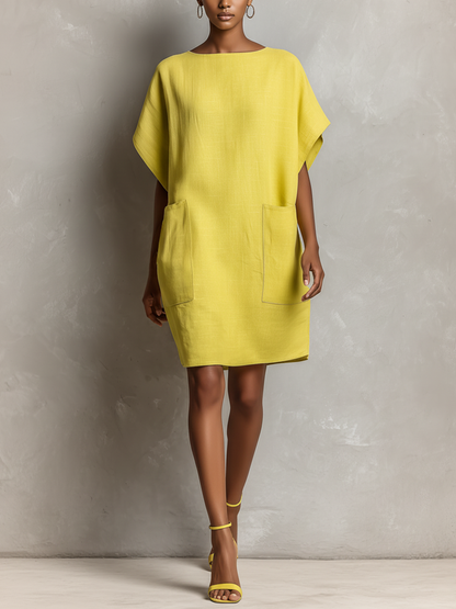 Women’s Lime Yellow Linen-Blend Batwing Sleeve Patch Pocket Shift Dress