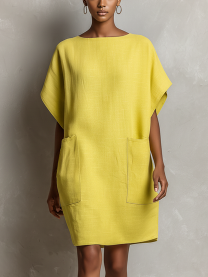 Women’s Lime Yellow Linen-Blend Batwing Sleeve Patch Pocket Shift Dress