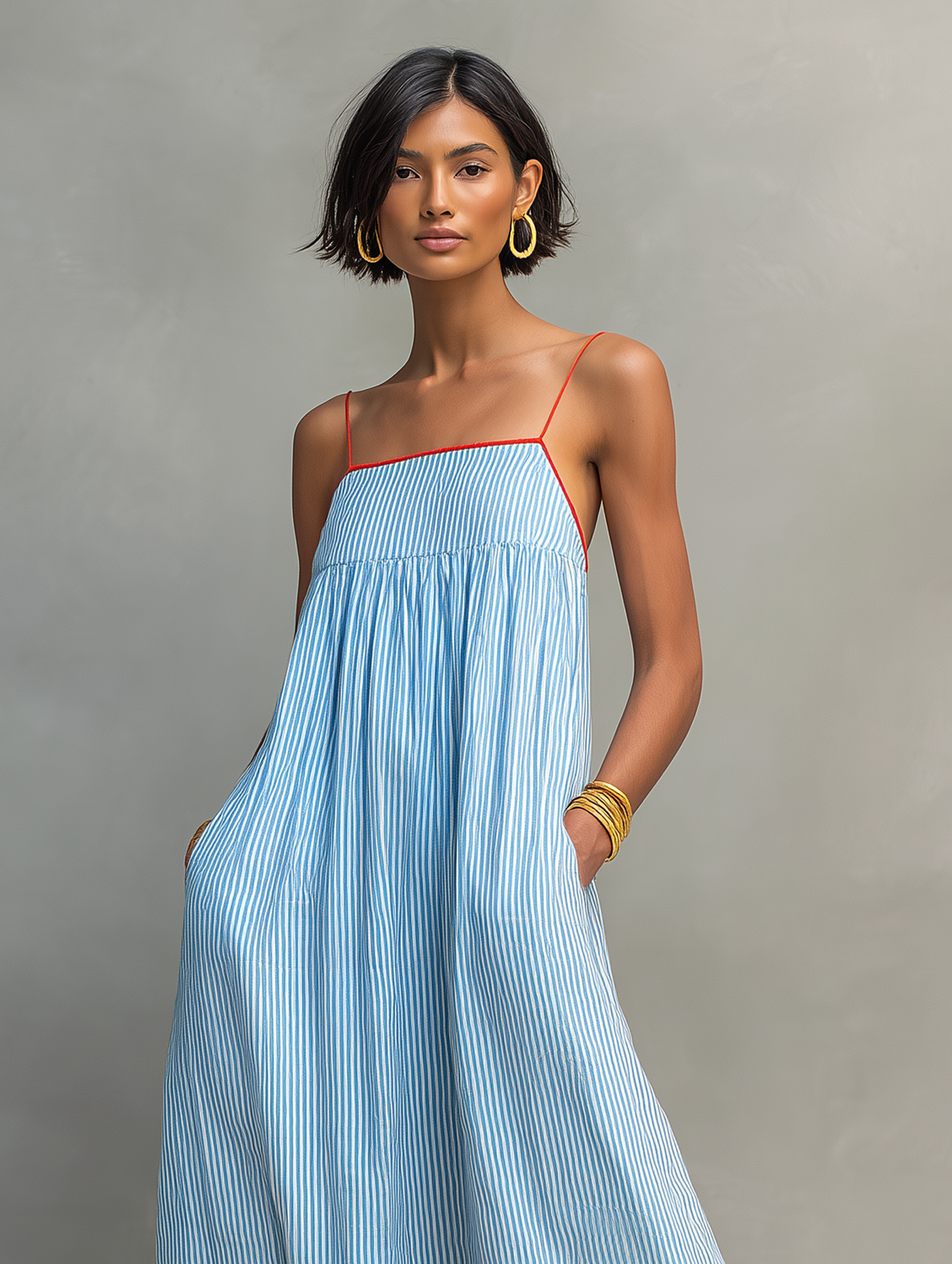 Women's Minimalist Striped Maxi Dress With Red Trim And Spaghetti Straps