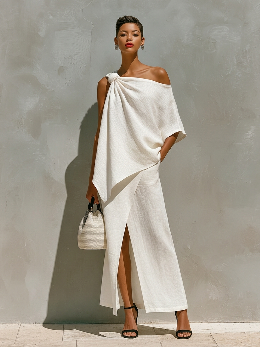 Women's White Linen Set With One-Shoulder Knot Detail & Front Slit, Timeless Minimalist-Resort Style Set